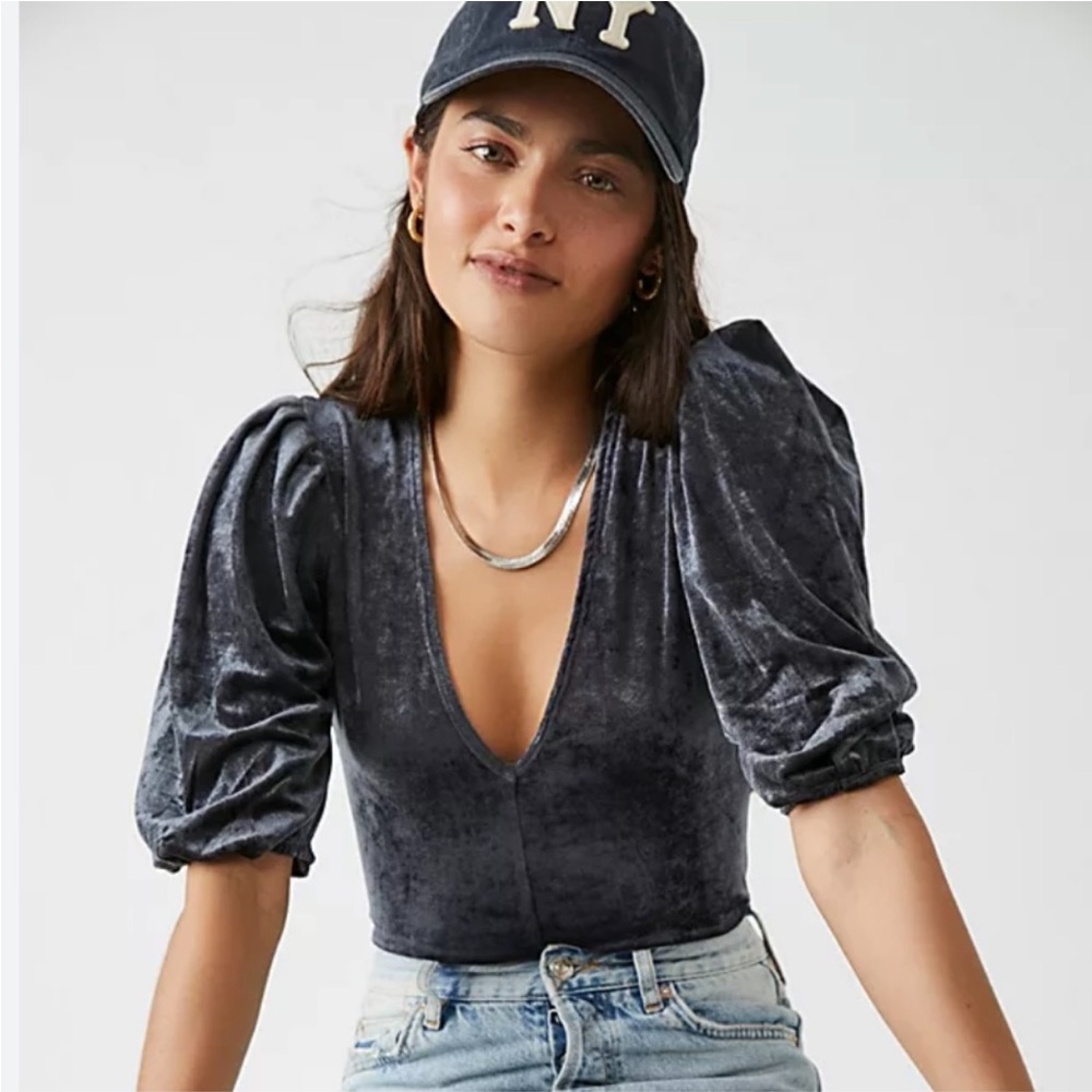 Free People Don't You Wish Velvet Grey Bodysuit Top Blouse women’s size L - Picture 12 of 12
